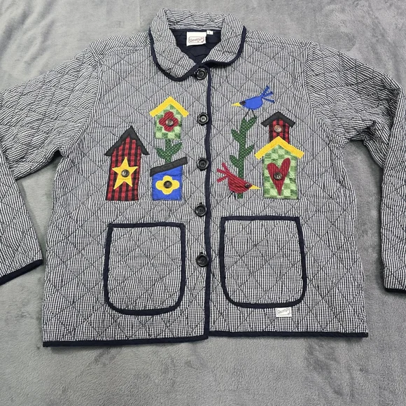 Vintage Folk Art Quilted Jacket Birdhouse Applique Gingham Large - Picture 12 of 14